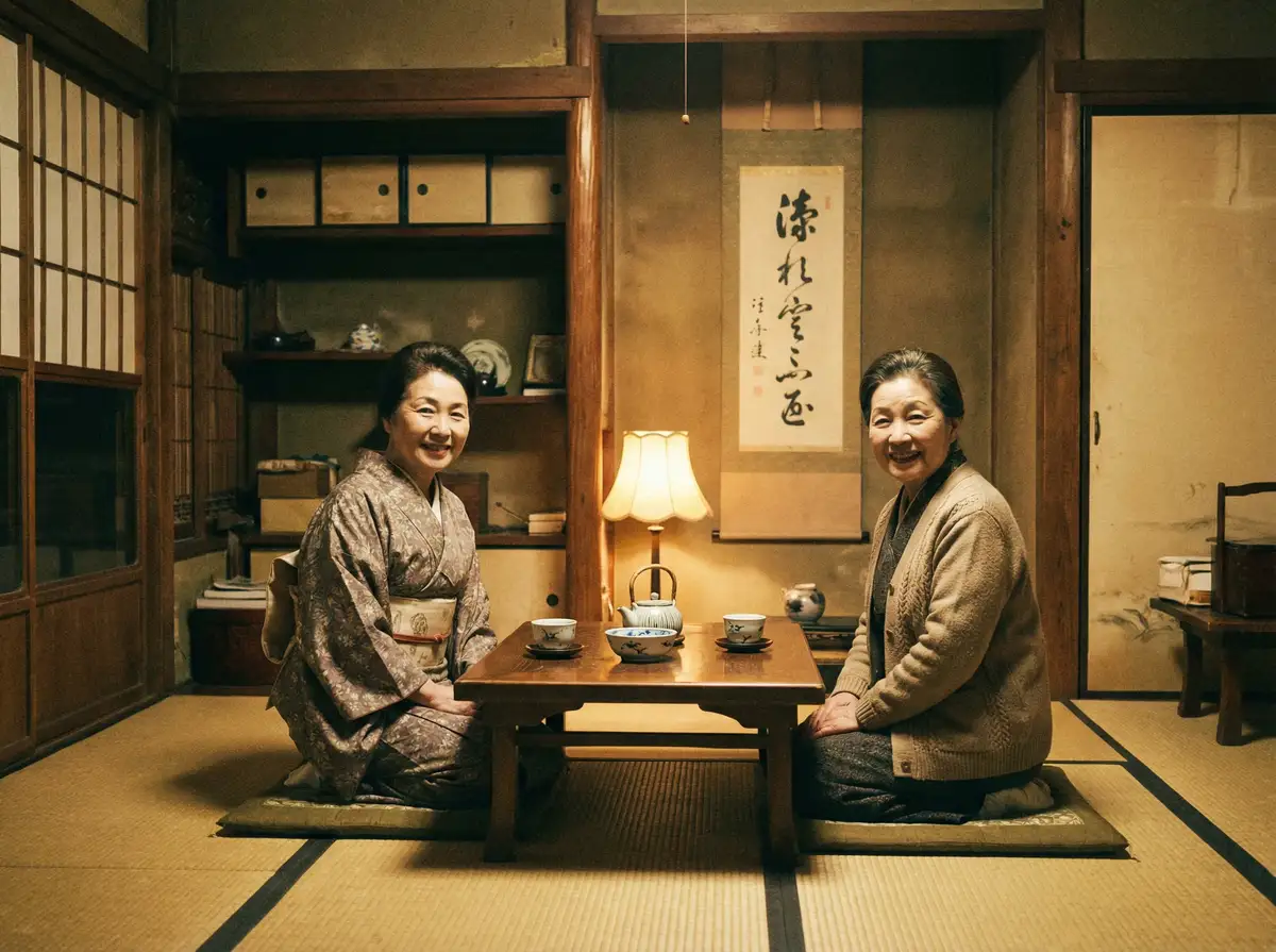 两位优雅的 浅野心 在日式茶室中品茶交谈